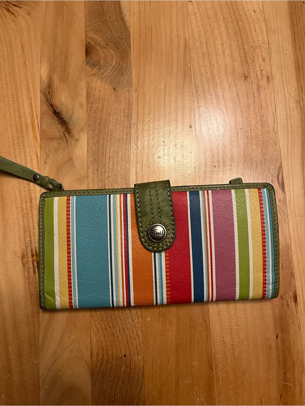 Fossil Multicolor Striped Leather Wristlet Wallet with Green Trim
